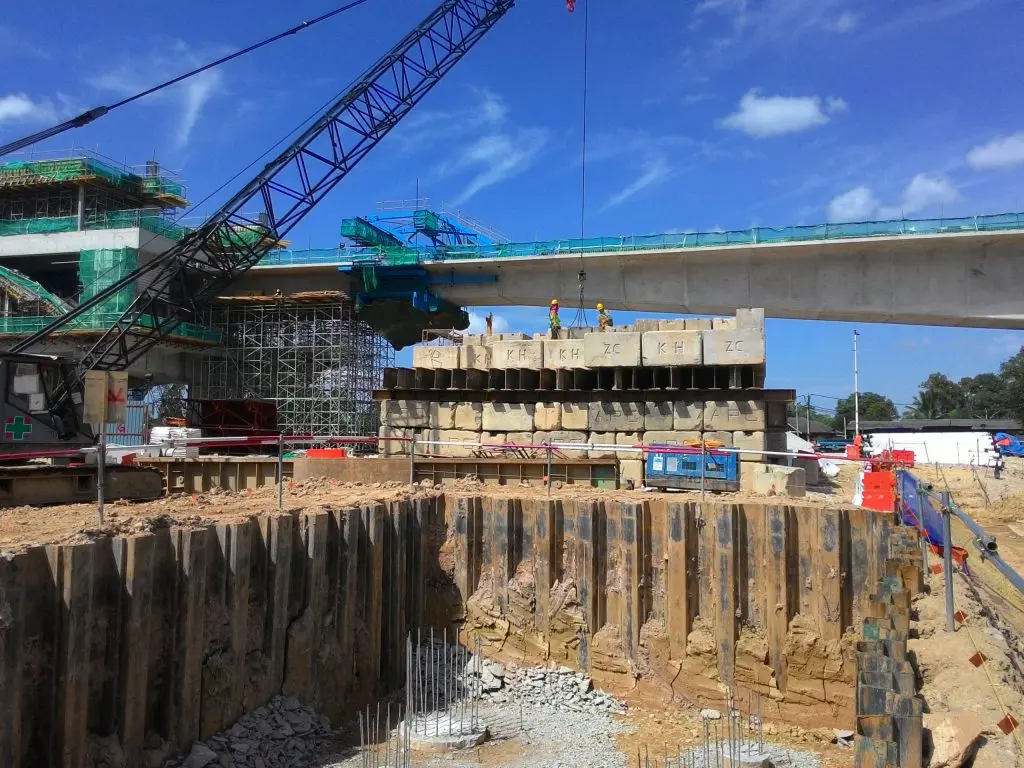 Temporary sheet pile cofferdam retaining wall at the construction site. It is installed to allow soil excavation and foundation work start.